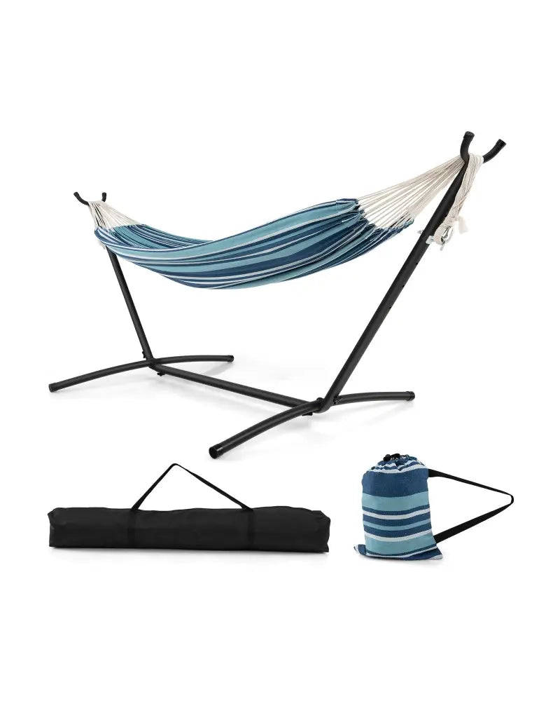 Portable Indoor Outdoor 2-Person Double Hammock Set with Stand and Carrying Cases-Blue - Blue - Hammocks