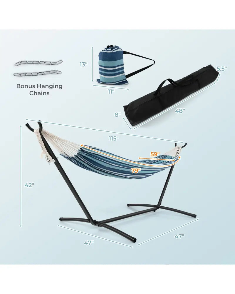 Portable Indoor Outdoor 2-Person Double Hammock Set with Stand and Carrying Cases-Blue - Blue - Hammocks