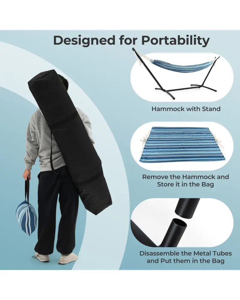 Portable Indoor Outdoor 2-Person Double Hammock Set with Stand and Carrying Cases-Blue - Blue - Hammocks