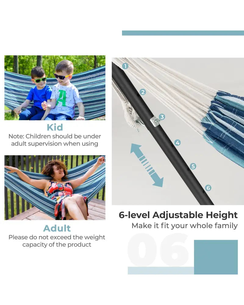 Portable Indoor Outdoor 2-Person Double Hammock Set with Stand and Carrying Cases-Blue - Blue - Hammocks