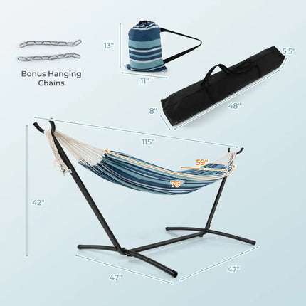 Portable Indoor Outdoor 2-Person Double Hammock Set with Stand and Carrying Cases-Blue - Blue - Hammocks