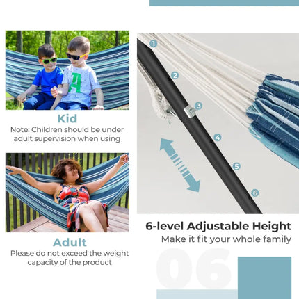 Portable Indoor Outdoor 2-Person Double Hammock Set with Stand and Carrying Cases-Blue - Blue - Hammocks