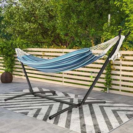 Portable Indoor Outdoor 2-Person Double Hammock Set with Stand and Carrying Cases-Blue - Blue - Hammocks