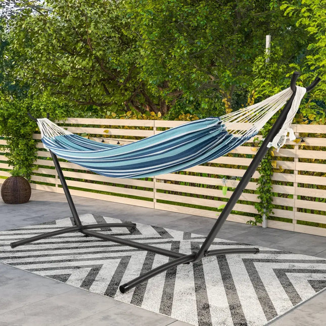 Portable Indoor Outdoor 2-Person Double Hammock Set with Stand and Carrying Cases-Blue - Blue - Hammocks