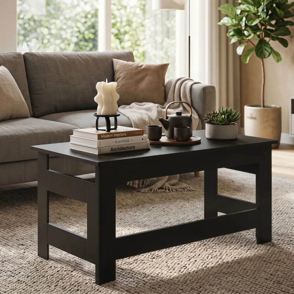 Portable Low Floor Table with Foldable Legs for Living Room-Black - Black - Coffee Tables