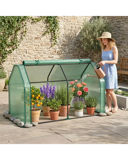 Portable Mini Greenhouse Small Garden Greenhouse with PE Cover and Zippered Roll-up Door for Vegetables-Green - Green