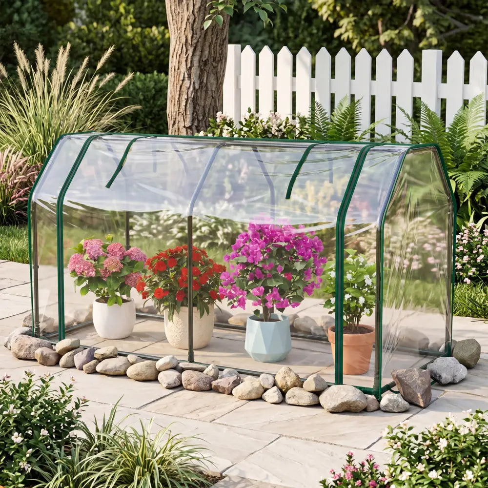 Portable Mini Greenhouse with PE Cover and Zippered Door for Vegetables-Green - Transparent - Greenhouses