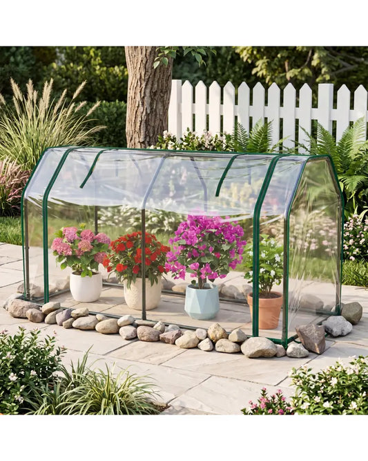 Portable Mini Greenhouse with PE Cover and Zippered Door for Vegetables-Green - Transparent - Greenhouses