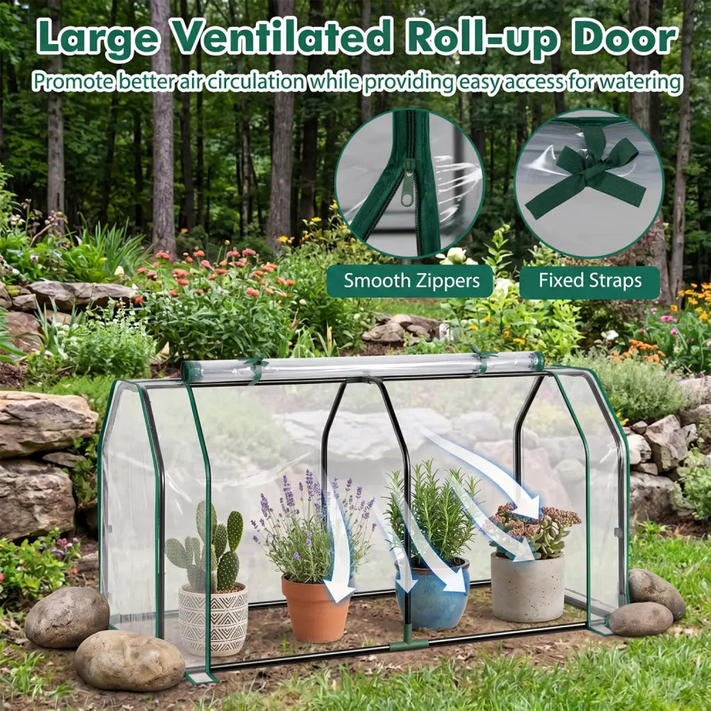 Portable Mini Greenhouse with PE Cover and Zippered Door for Vegetables-Green - Transparent - Greenhouses