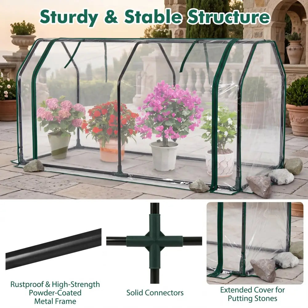 Portable Mini Greenhouse with PE Cover and Zippered Door for Vegetables-Green - Transparent - Greenhouses