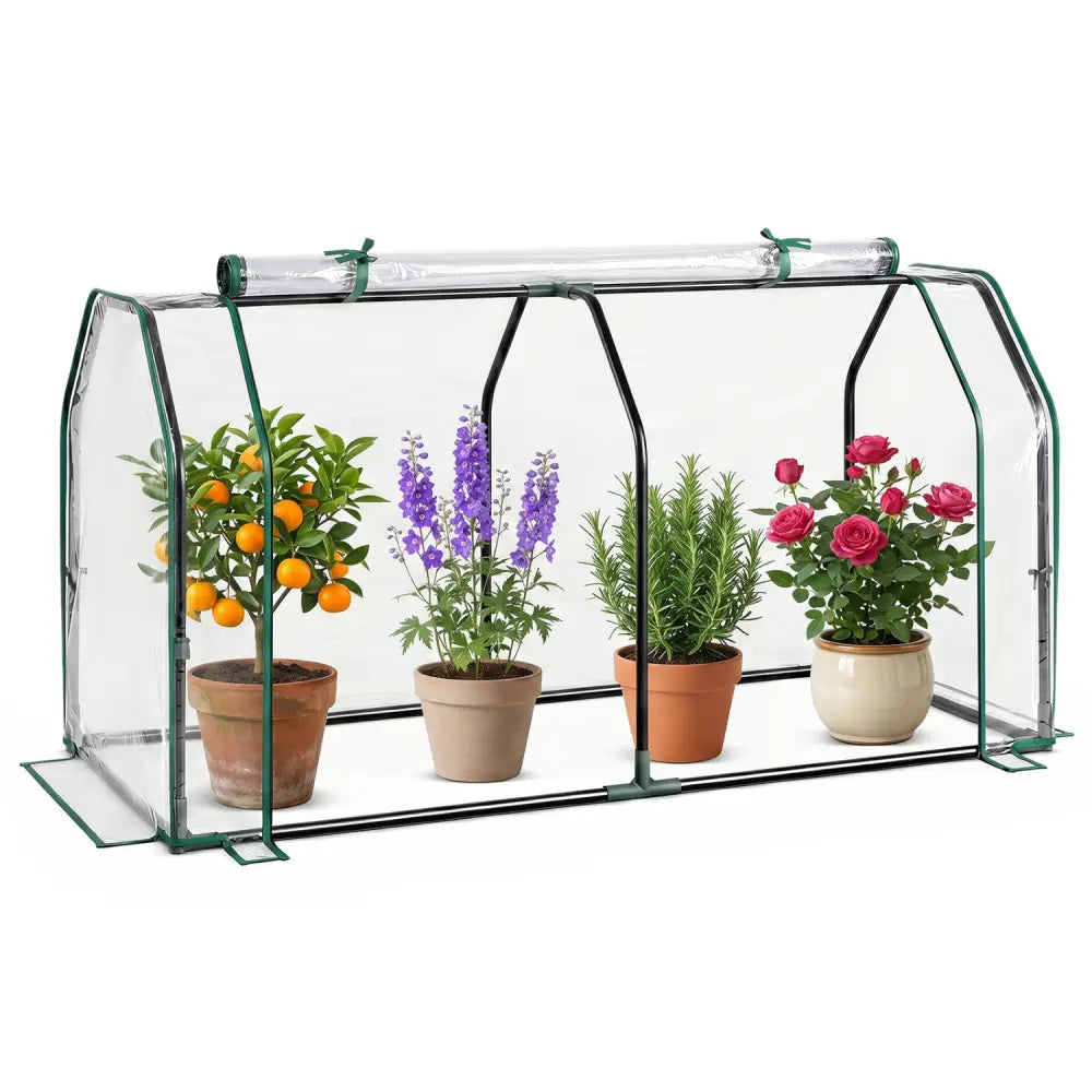 Portable Mini Greenhouse with PE Cover and Zippered Door for Vegetables-Green - Transparent - Greenhouses