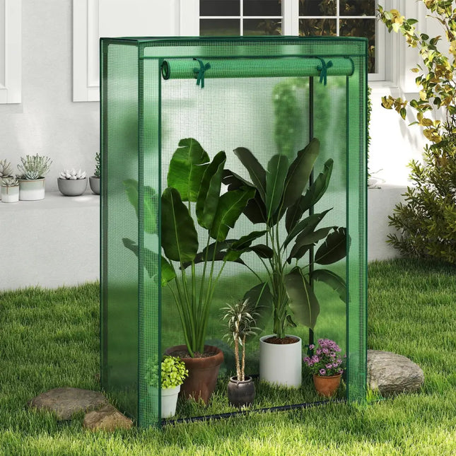 Portable Mini Greenhouse with Roll-Up Zippered Door-Green - Green - Greenhouses