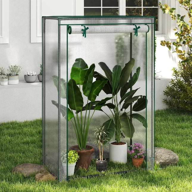 Portable Mini Greenhouse with Roll-Up Zippered Door-White - White - Greenhouses