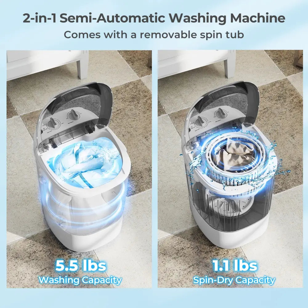 Portable Mini Semi-automatic Washing Machine with Spin Tub and Drain Hose 2.5 kg Capacity-Gray - Gray - Washing Machines