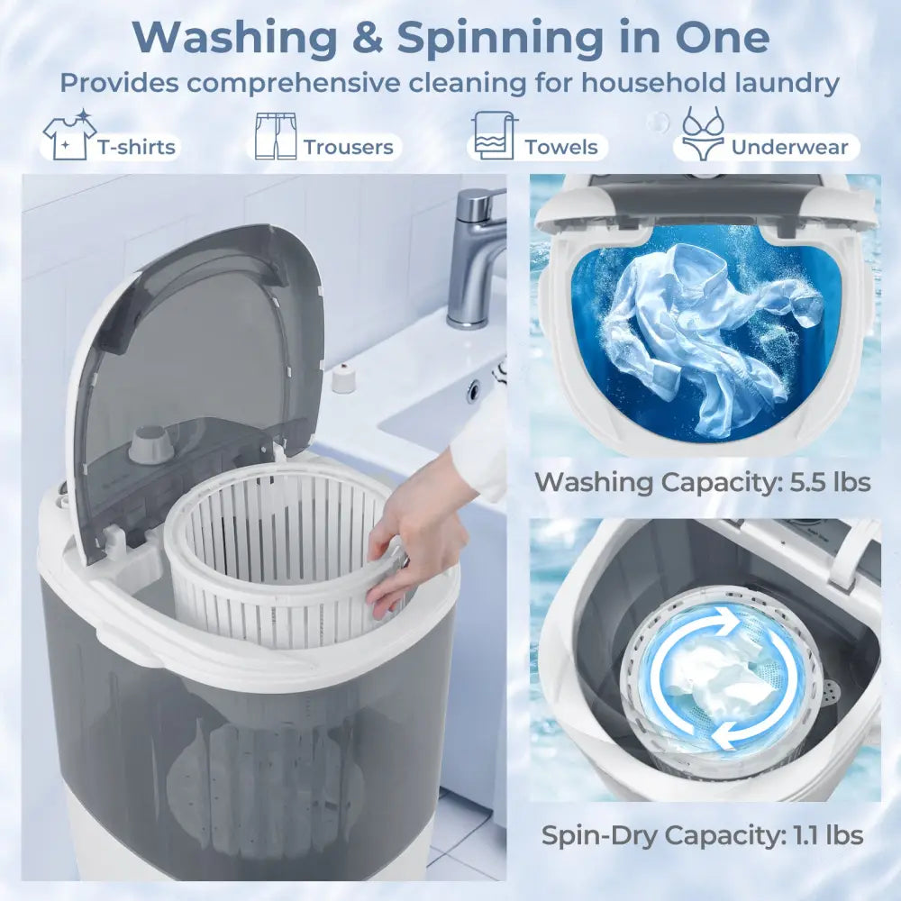 Portable Mini Washing Machine Semi-Automatic Washer and Spinner Combo with Single Tub-Gray - Gray - Washing Machines
