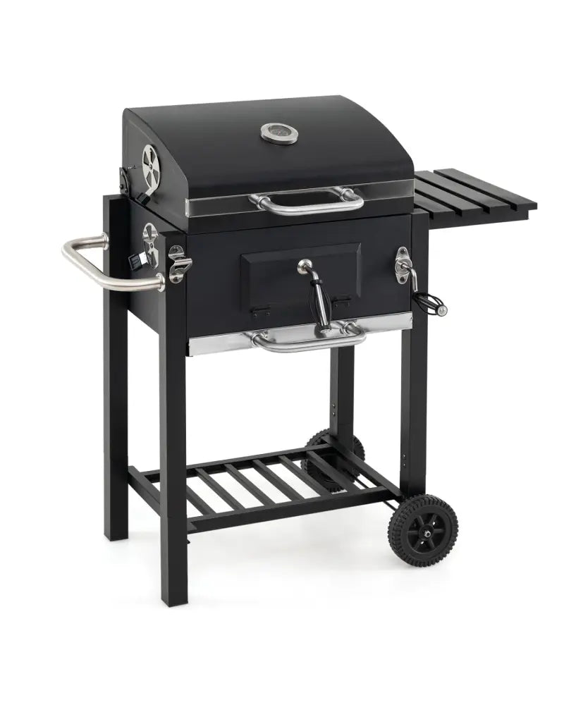 Portable Outdoor Barbecue Grill with Adjustable Charcoal Tray and Wheels-Black - Black - Outdoor Grills