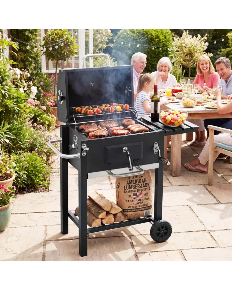 Portable Outdoor Barbecue Grill with Adjustable Charcoal Tray and Wheels-Black - Black - Outdoor Grills