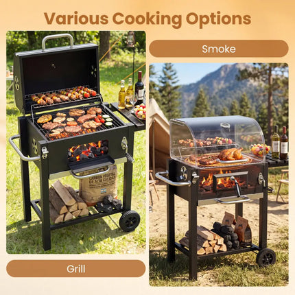Portable Outdoor Barbecue Grill with Adjustable Charcoal Tray and Wheels-Black - Black - Outdoor Grills