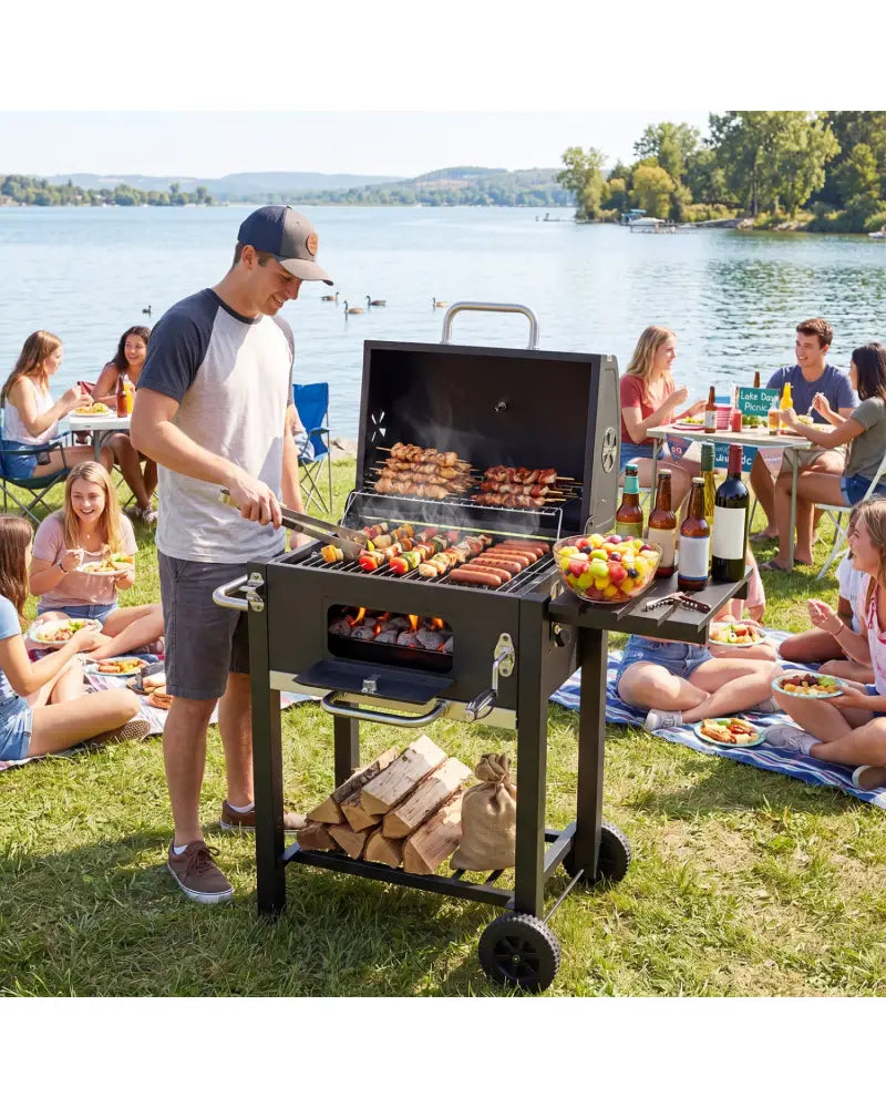 Portable Outdoor Barbecue Grill with Adjustable Charcoal Tray and Wheels-Black - Black - Outdoor Grills