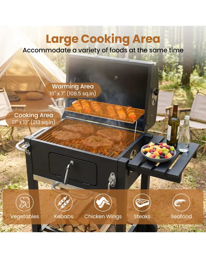 Portable Outdoor Barbecue Grill with Adjustable Charcoal Tray and Wheels-Black - Black - Outdoor Grills