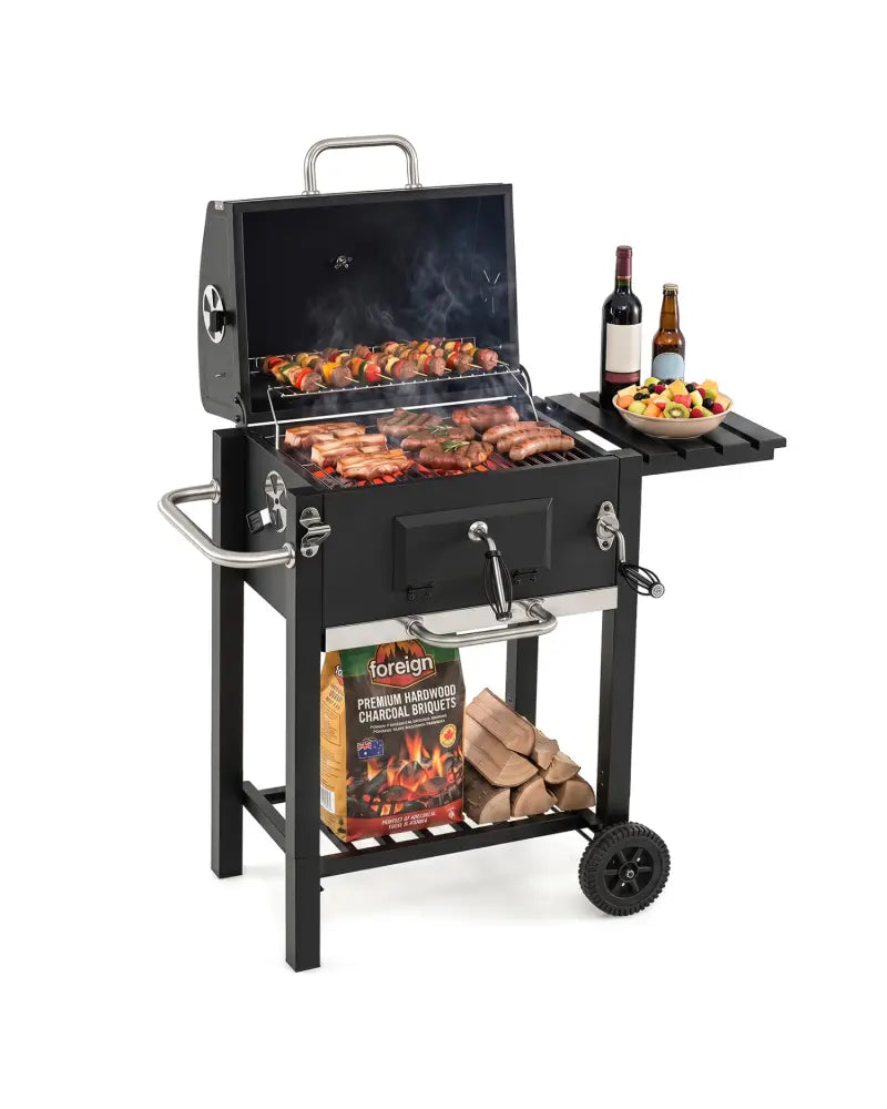 Portable Outdoor Barbecue Grill with Adjustable Charcoal Tray and Wheels-Black - Black - Outdoor Grills
