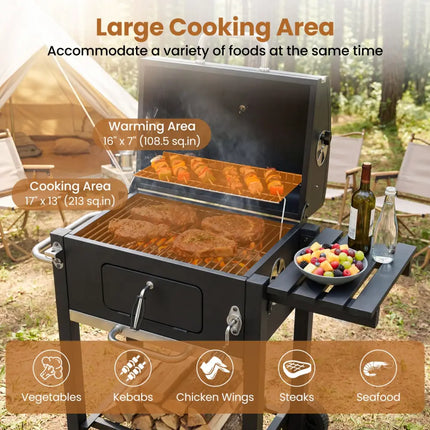 Portable Outdoor Barbecue Grill with Adjustable Charcoal Tray and Wheels-Black - Black - Outdoor Grills