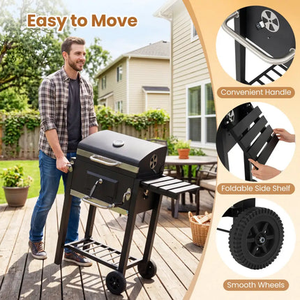 Portable Outdoor Barbecue Grill with Adjustable Charcoal Tray and Wheels-Black - Black - Outdoor Grills