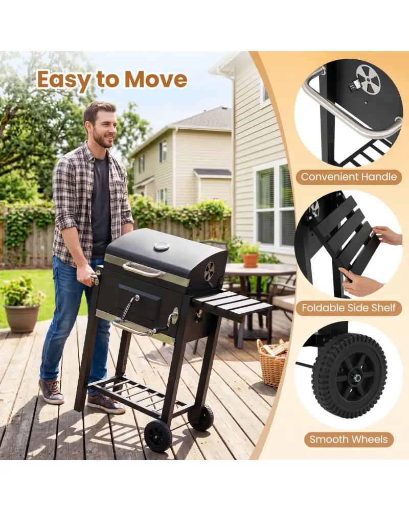 Portable Outdoor Barbecue Grill with Adjustable Charcoal Tray and Wheels-Black - Black - Outdoor Grills