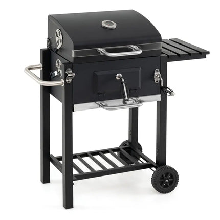 Portable Outdoor Barbecue Grill with Adjustable Charcoal Tray and Wheels-Black - Black - Outdoor Grills