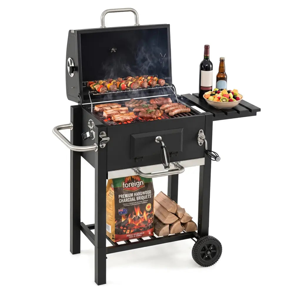 Portable Outdoor Barbecue Grill with Adjustable Charcoal Tray and Wheels-Black - Black - Outdoor Grills