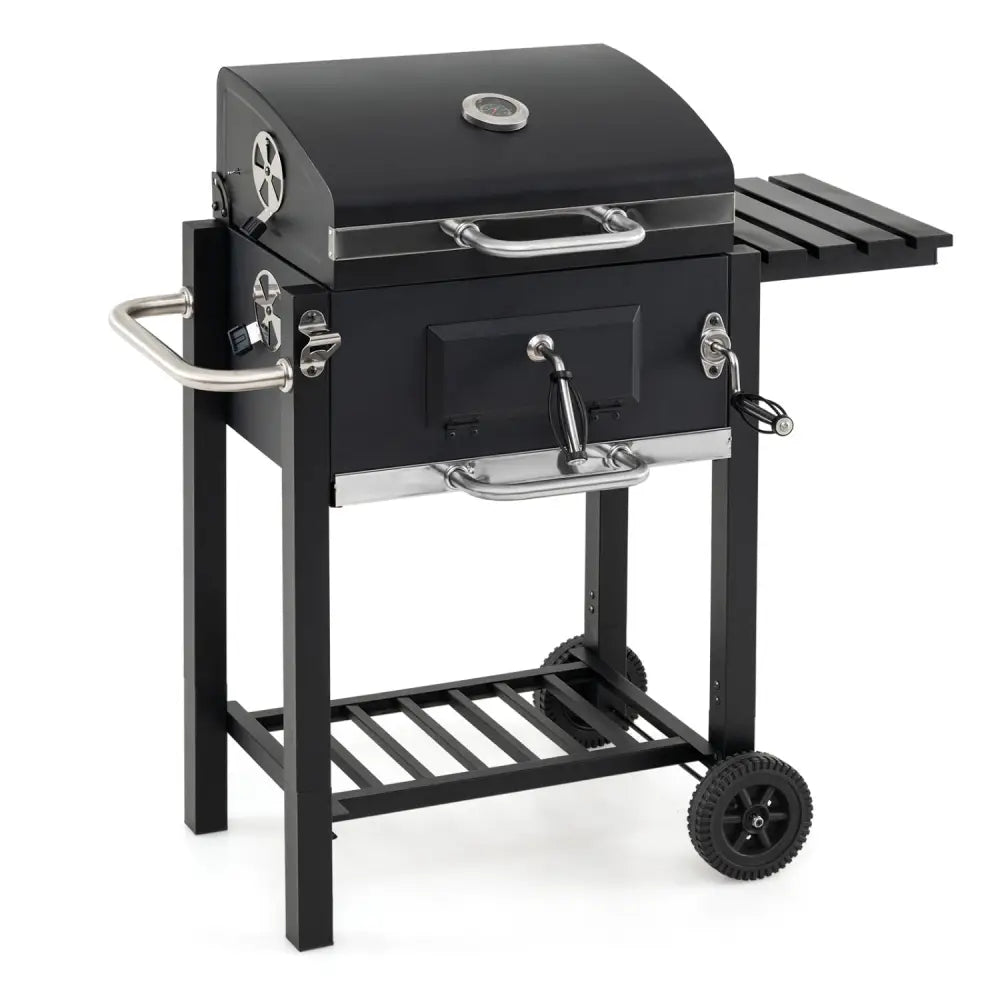 Portable Outdoor Barbecue Grill with Adjustable Charcoal Tray and Wheels-Black - Black - Outdoor Grills