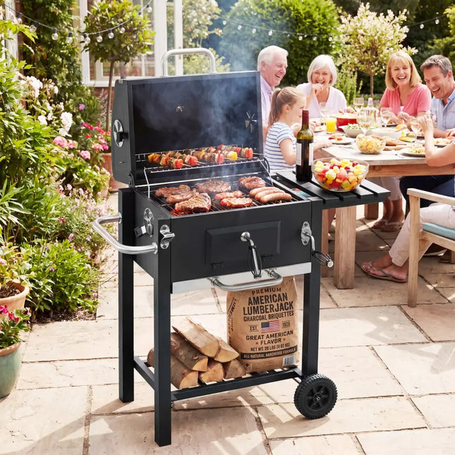 Portable Outdoor Barbecue Grill with Adjustable Charcoal Tray and Wheels-Black - Black - Outdoor Grills
