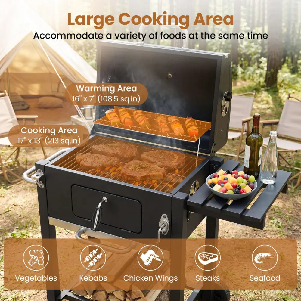 Portable Outdoor Barbecue Grill with Adjustable Charcoal Tray and Wheels-Black - Black - Outdoor Grills