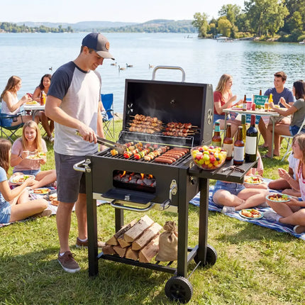 Portable Outdoor Barbecue Grill with Adjustable Charcoal Tray and Wheels-Black - Black - Outdoor Grills
