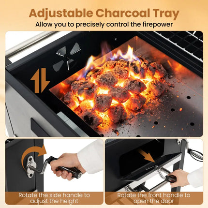 Portable Outdoor Barbecue Grill with Adjustable Charcoal Tray and Wheels-Black - Black - Outdoor Grills