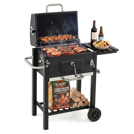 Portable Outdoor Barbecue Grill with Adjustable Charcoal Tray and Wheels-Black - Black - Outdoor Grills