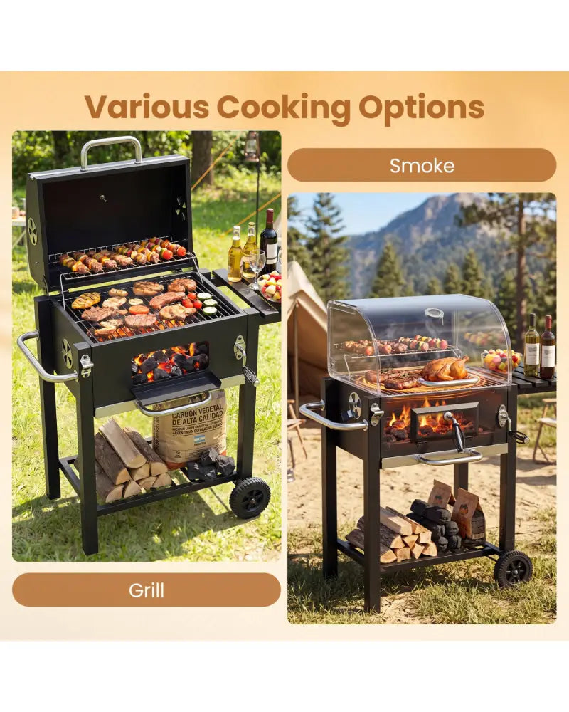 Portable Outdoor Barbecue Grill with Adjustable Charcoal Tray and Wheels-Black - Black - Outdoor Grills