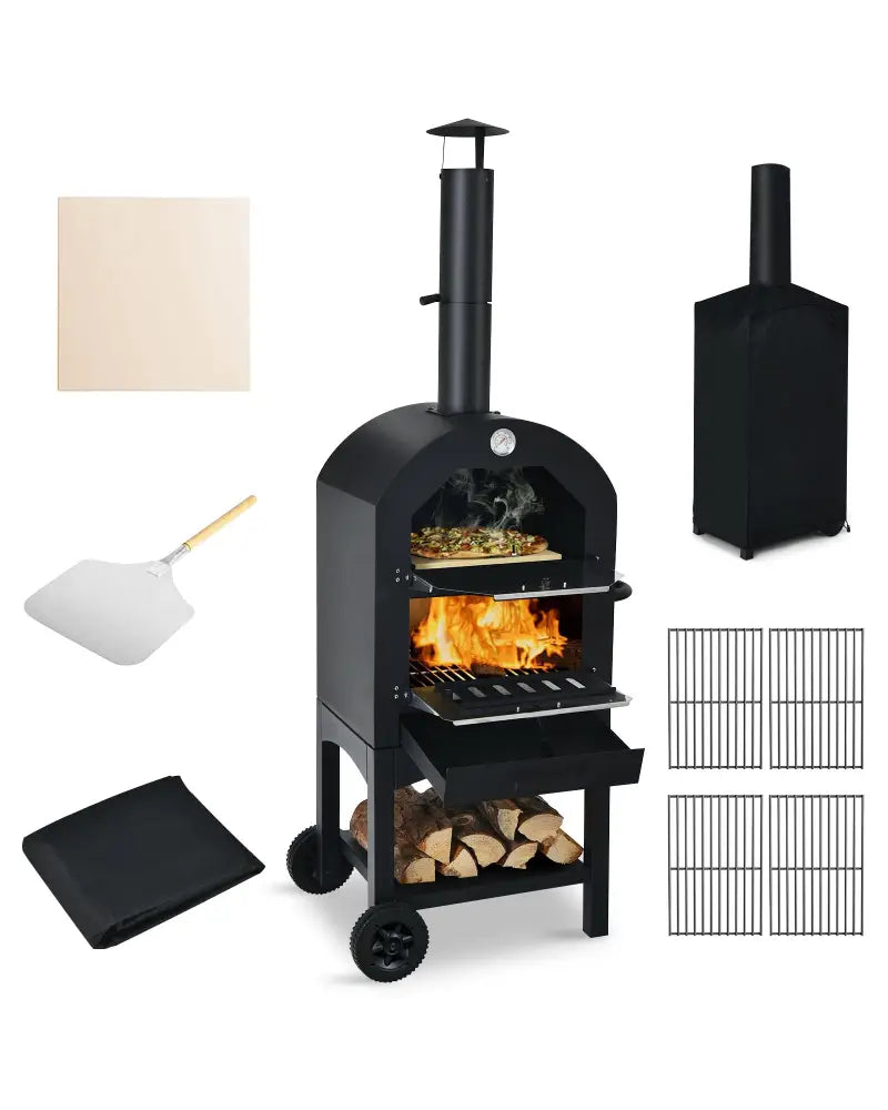 Portable Outdoor Pizza Oven with Pizza Stone and Waterproof Cover - Black - Outdoor Grills