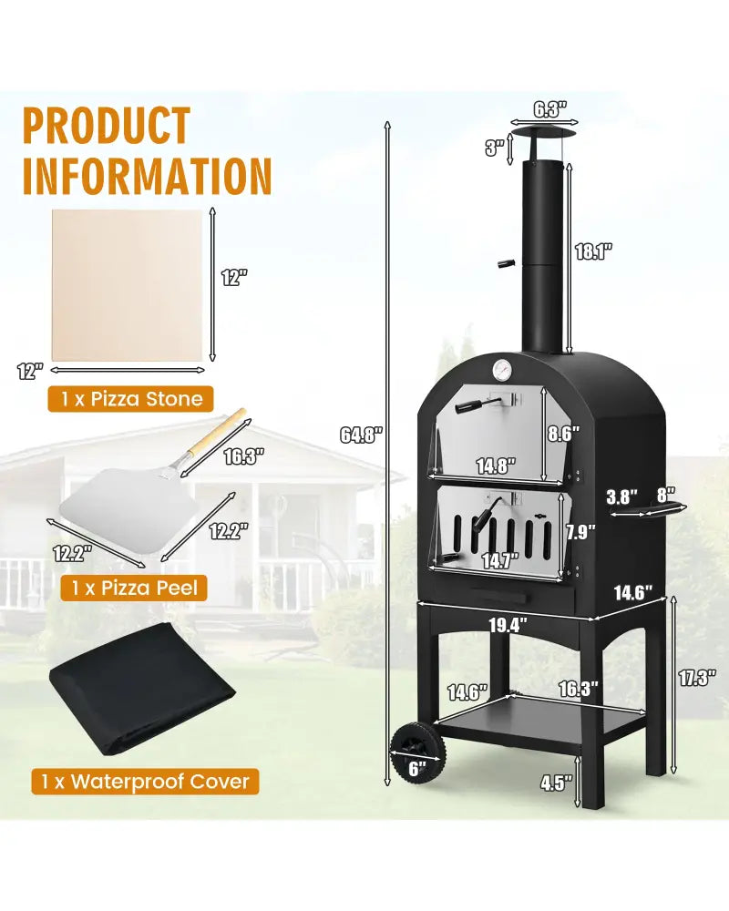 Portable Outdoor Pizza Oven with Pizza Stone and Waterproof Cover - Black - Outdoor Grills