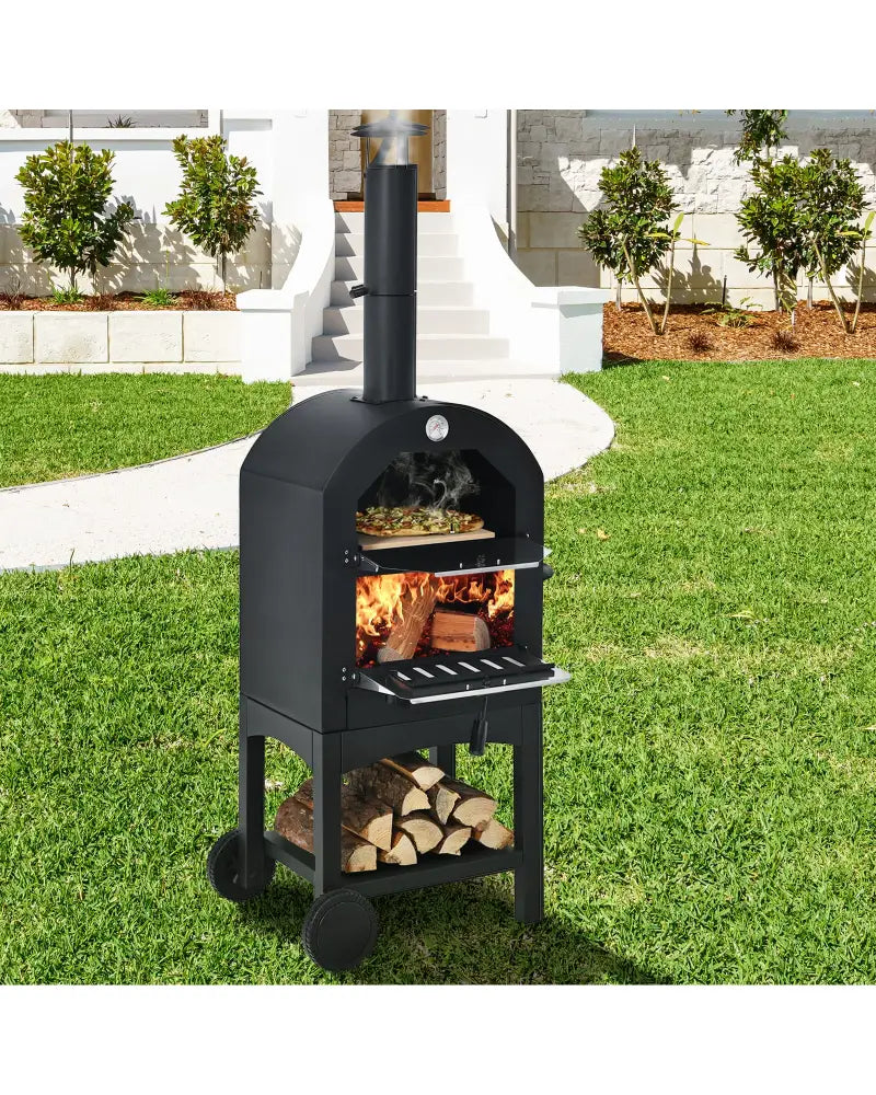 Portable Outdoor Pizza Oven with Pizza Stone and Waterproof Cover - Black - Outdoor Grills