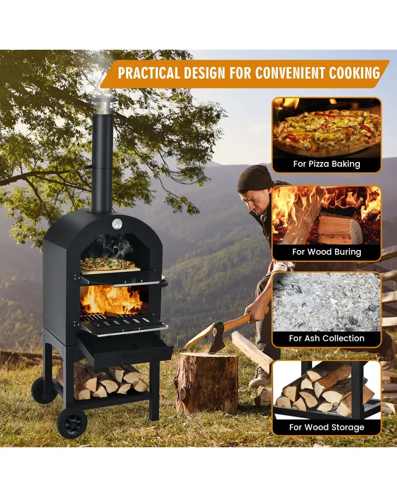 Portable Outdoor Pizza Oven with Pizza Stone and Waterproof Cover - Black - Outdoor Grills