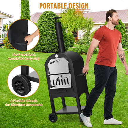 Portable Outdoor Pizza Oven with Pizza Stone and Waterproof Cover - Black - Outdoor Grills
