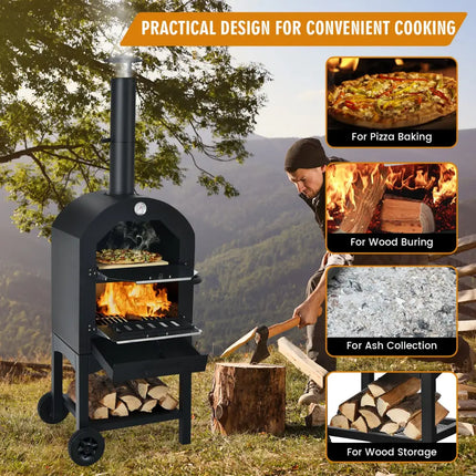 Portable Outdoor Pizza Oven with Pizza Stone and Waterproof Cover - Black - Outdoor Grills
