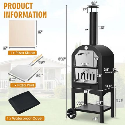 Portable Outdoor Pizza Oven with Pizza Stone and Waterproof Cover - Black - Outdoor Grills