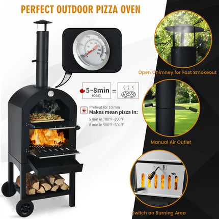 Portable Outdoor Pizza Oven with Pizza Stone and Waterproof Cover - Black - Outdoor Grills