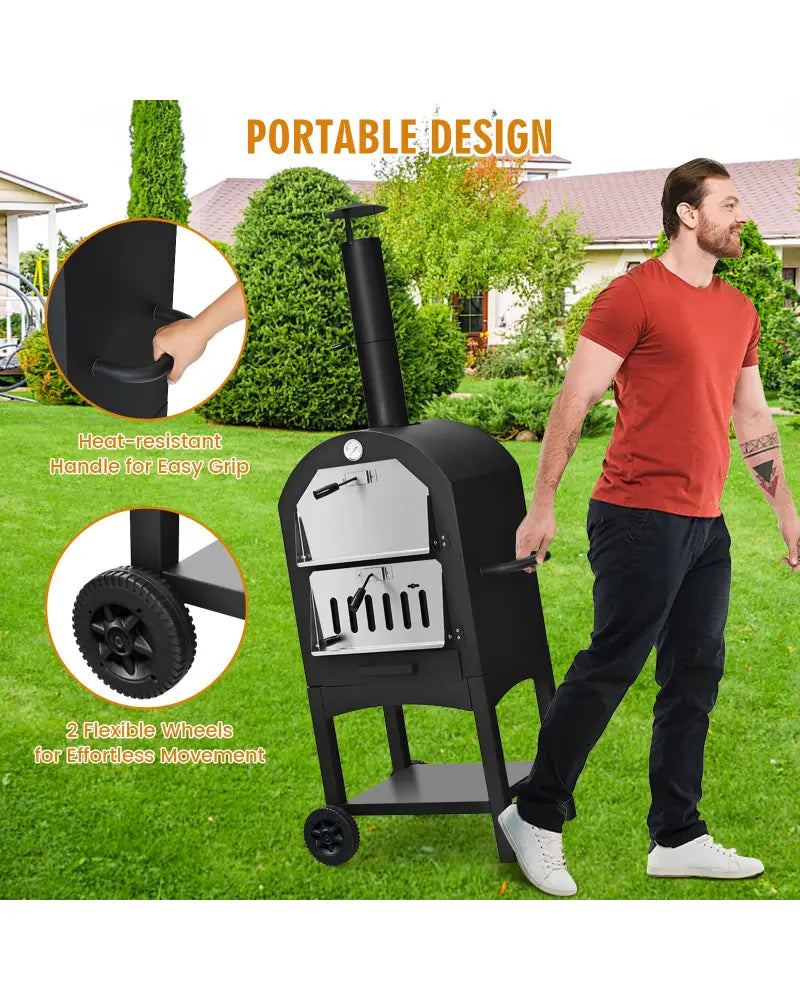 Portable Outdoor Pizza Oven with Pizza Stone and Waterproof Cover - Black - Outdoor Grills
