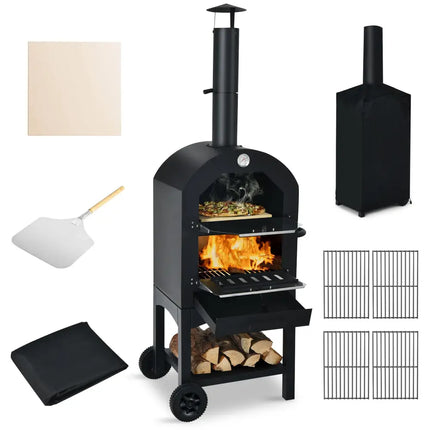 Portable Outdoor Pizza Oven with Pizza Stone and Waterproof Cover - Black - Outdoor Grills