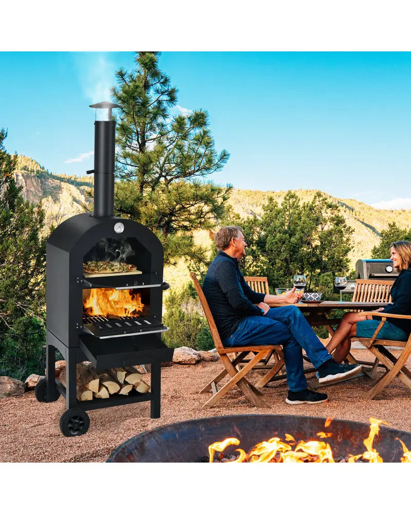 Portable Outdoor Pizza Oven with Pizza Stone and Waterproof Cover - Black - Outdoor Grills