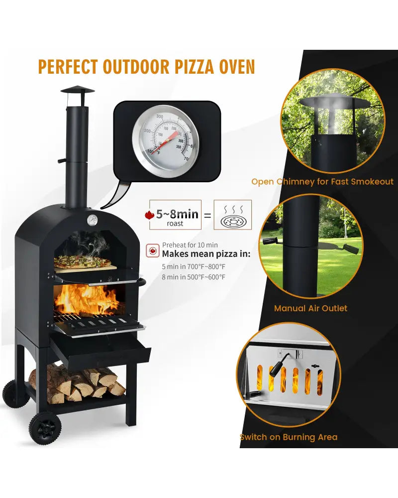 Portable Outdoor Pizza Oven with Pizza Stone and Waterproof Cover - Black - Outdoor Grills