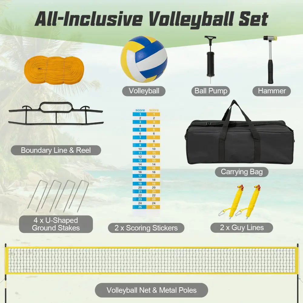Portable Outdoor Volleyball Net Set Heavy-Duty Volleyball Net System-Yellow - Yellow - Sport Equipments
